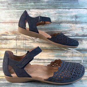 Earth Bronnie Sandals Womens 6 Navy Blue Leather Mary Jane Hook & Loop Flat Shoe